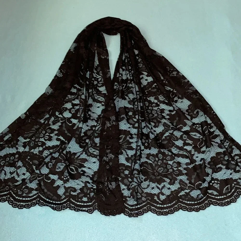 Wrap scarf floral pattern sheer black scalloped edges 20” X 58” long NEW